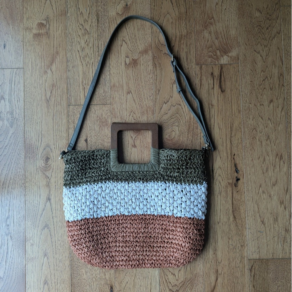 Sasha + Sofi Tote Bag‎ Woven Straw Wood Handle Crossbody Strap Beachy Boho Med